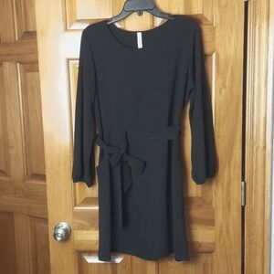My Beloved Classic Dark Black Sleek Waist Belted Dress, Pockets, Size M Like New